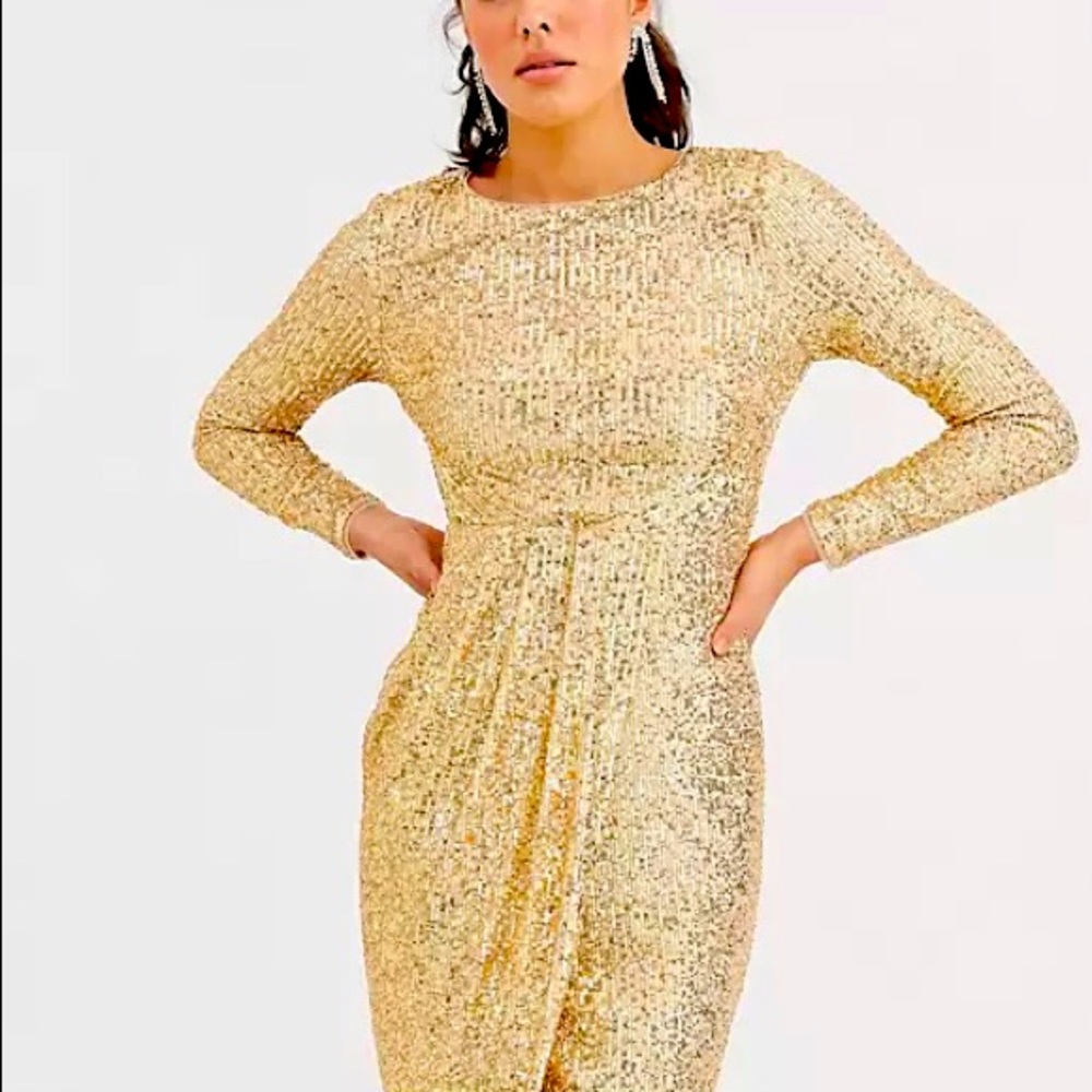 Gold sequin long sleeve mini dress size 16, stretchy,  New with tags!